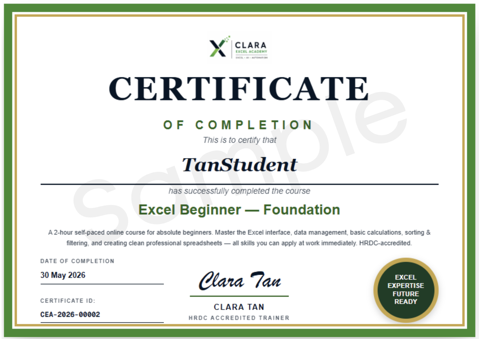 Clara Excel Academy completion certificate sample